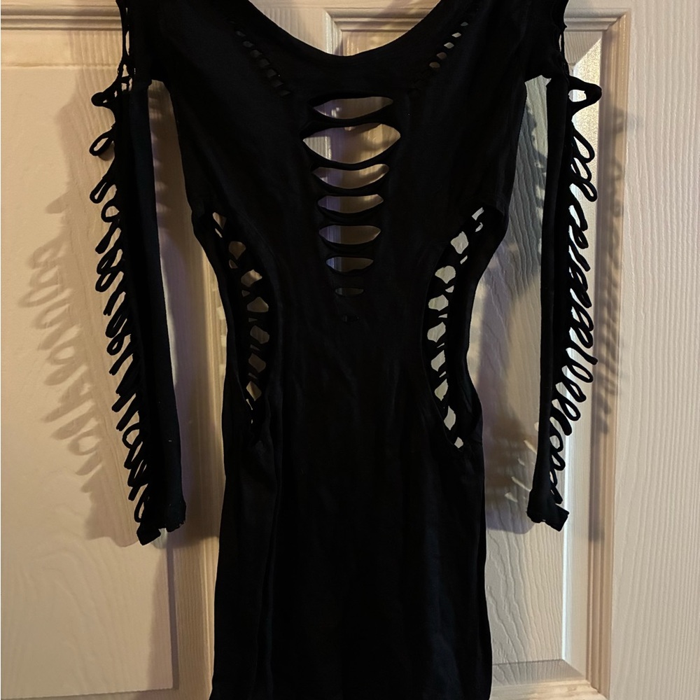 Elegant Black Cutout Mini Dress/Top/Lingerie with Round Neck and Long Sleeves